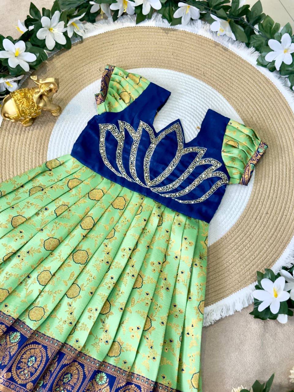 Lotus Frock Jaquard Silk Green Wholesale children boutique clothing